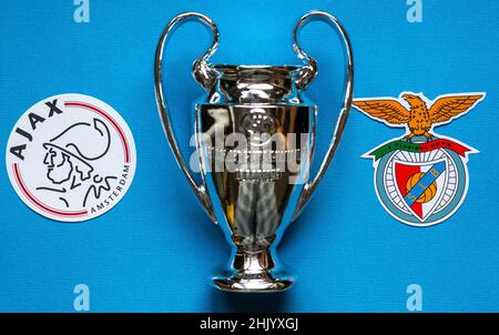 December 19, 2021 St. Petersburg, Russia. The emblems of the football clubs of the 1/8 finals of the UEFA Champions League S.L. Benfica Lisboa and AFC Stock Photo