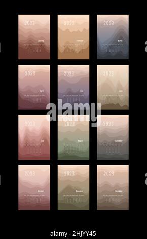 2023 vertical calendar every month separately. monthly personal planner template. Peak silhouette abstract gradient colorful background, design for print and digital. Stock Vector