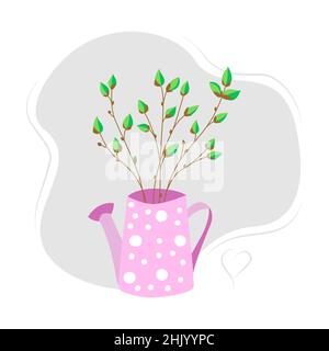 Branches with buds in a garden watering can vector illustration. Spring plants and flowers Stock Vector