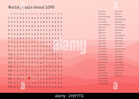 Valentines day word puzzle crossword - find the listed words about love in the brain work puzzle. attentiveness test, riddle game in English. words are located forward and down Stock Vector