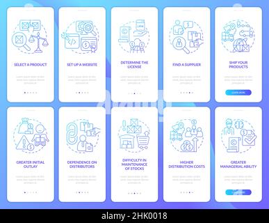 Export, import business blue gradient onboarding mobile app screen set Stock Vector