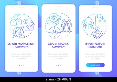 Types of export business blue gradient onboarding mobile app screen Stock Vector