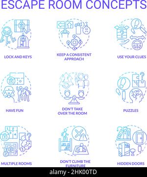Escape room blue gradient concept icons set Stock Vector