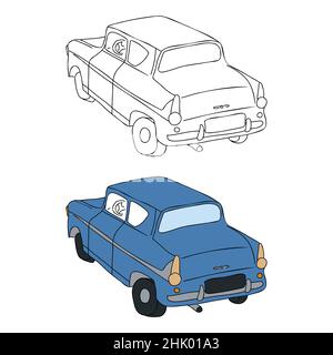 Retro car coloring hand drawn vintage isometric auto blue vector illustration Stock Vector