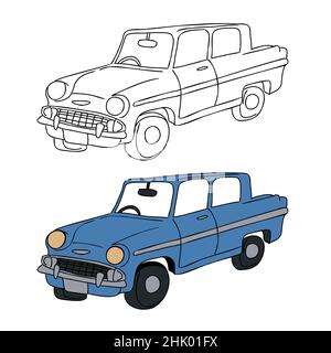 Isometric hand drawn view of blue classic sedan old car vector illustration black stroke for coloring kids drawing book. Stock Vector