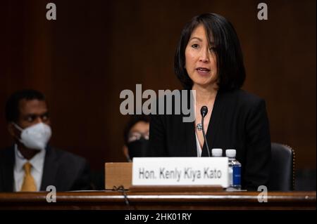 Washington, USA. 01st Feb, 2022. Judge Kenly Kiya Kato, President Biden's Nominee to be District Judge For The Central District Of California, gives testimony during a Senate Judiciary Committee judicial nomination hearing, at the U.S. Capitol, in Washington, DC, on Tuesday, February 1, 2022. Congress returns from recess this week, as the Senate gets ready to confirm a Supreme Court Nominee in the near future after the announcement of the retirement of Justice Stephen Breyer. (Graeme Sloan/Sipa USA) Credit: Sipa USA/Alamy Live News Stock Photo