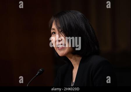 Washington, USA. 01st Feb, 2022. Judge Kenly Kiya Kato, President Biden's Nominee to be District Judge For The Central District Of California, gives testimony during a Senate Judiciary Committee judicial nomination hearing, at the U.S. Capitol, in Washington, DC, on Tuesday, February 1, 2022. Congress returns from recess this week, as the Senate gets ready to confirm a Supreme Court Nominee in the near future after the announcement of the retirement of Justice Stephen Breyer. (Graeme Sloan/Sipa USA) Credit: Sipa USA/Alamy Live News Stock Photo