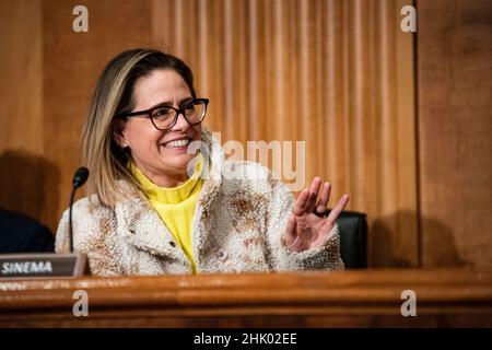 Senator Kyrsten Sinema, a Democrat from Arizona, arrives during a Senate Homeland Security and Governmental Affairs Committee confirmation hearing for Shalanda Young, director of the Office of Management and Budget (OMB) nominee for U.S. President Joe Biden, in Washington, D.C., U.S., on Tuesday, Feb. 1, 2022. If confirmed, Young would be the first non-White woman to serve as OMB director. Photo by Al Drago/Pool/ABACAPRESS.COM