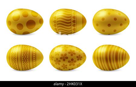 Vector set of realistic happy easter eggs isolated. Six golden glossy metal easter eggs with pattern. 3D illustration Stock Vector