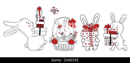 Cute rabbit character set with gifts.Bunny with boxes and gifts, in an Easter basket with flowers and candy. Vector illustration. Isolated handmade dr Stock Vector