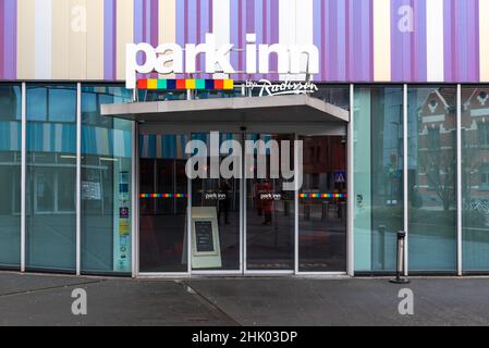 Leuven, Flemish Brabant Region, Belgium - 01 29 2022: Sign and entrance of the Park Inn By Radisson hotel Stock Photo