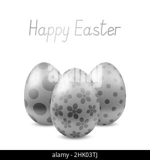 Vector Happy Easter greeting card with eggs. Text Happy Easter. Self-made font. Three silver painted easter eggs. 3D illustration Stock Vector