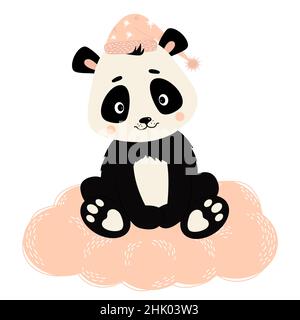 Cute panda in nightcap sits on delicate pink cloud. Vector illustration. Baby animals character for nursery, design, decoration and postcards, decor a Stock Vector