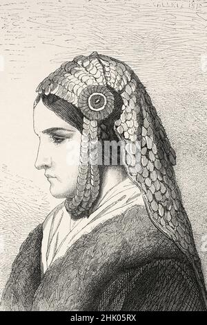 Settler woman, Bosnian military border, Bosnia, Europe. Old 19th century engraved illustration from Voyage to the Southern Slavs by Georges Perrot, Le Tour du Monde 1870 Stock Photo