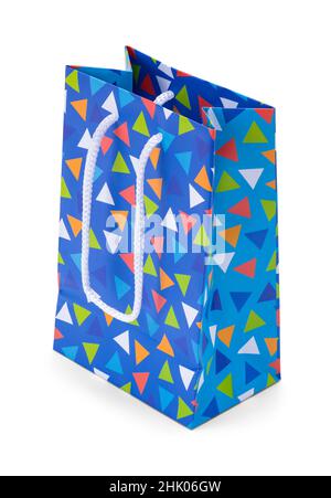 Small Blue Paper Gift Bag with Triangles Cut Out on White. Stock Photo