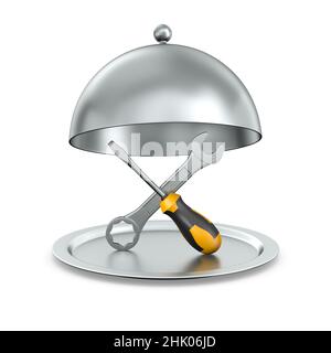 open metallic cloche and tools on white background. Isolated 3d illustration Stock Photo