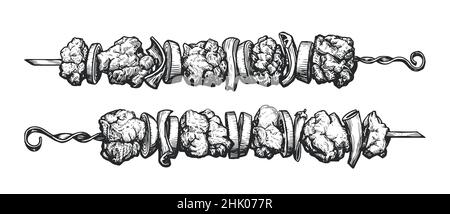 Kebab, shashlik grilled on skewer sketch. Food meat hand drawn vector illustration Stock Vector
