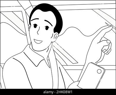 Black and white simpl. Trip, journey. A young guy is driving a car. Show the right way. Map in a smartphone. Vector flat, white Stock Vector