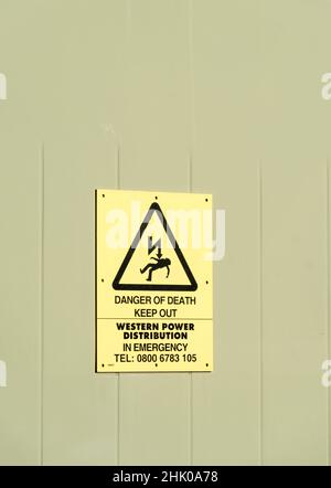 Western power distribution warning sign of death from electric shock Stock Photo