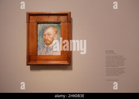 this is the first time the full span of Van Gogh's self-portraiture has been explored in an exhibition and it is the largest group to be brought together in more than 25 years .Alongside 16 self portraits , the exhibition features two major paintings that played an important role in Van Gogh's fashioning of his own image . Van Gogh's chair , described by the artist as symbolic ( self portrait ). and Portrait of Eugene Boch , a portrait of his friend in which van Gogh sought to convey his artistic ideals  . Opens to the public  from  3  February 2022 - 8 May 2022 . Stock Photo