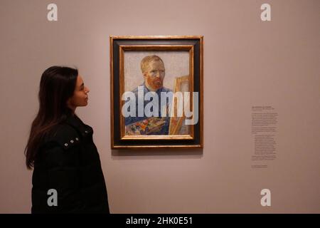 this is the first time the full span of Van Gogh's self-portraiture has been explored in an exhibition and it is the largest group to be brought together in more than 25 years .Alongside 16 self portraits , the exhibition features two major paintings that played an important role in Van Gogh's fashioning of his own image . Van Gogh's chair , described by the artist as symbolic ( self portrait ). and Portrait of Eugene Boch , a portrait of his friend in which van Gogh sought to convey his artistic ideals  . Opens to the public  from  3  February 2022 - 8 May 2022 . Stock Photo