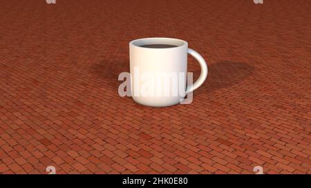 White Mugs or Coffee cup floating in brick background. Minimal concept idea creative. 3D render. Stock Photo