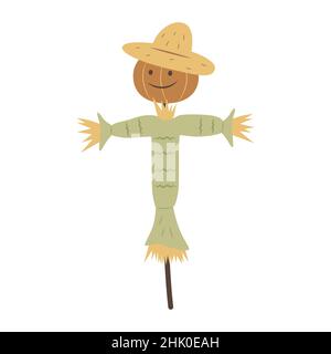 Cute cartoon garden scarecrow. A pumpkin head in a straw hat. Farm life item. Field decoration. Farmer helper. Element clipart for village or ranch. S Stock Vector