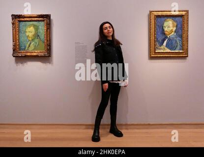 this is the first time the full span of Van Gogh's self-portraiture has been explored in an exhibition and it is the largest group to be brought together in more than 25 years .Alongside 16 self portraits , the exhibition features two major paintings that played an important role in Van Gogh's fashioning of his own image . Van Gogh's chair , described by the artist as symbolic ( self portrait ). and Portrait of Eugene Boch , a portrait of his friend in which van Gogh sought to convey his artistic ideals  . Opens to the public  from  3  February 2022 - 8 May 2022 . Stock Photo