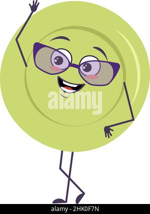 Cute plate character with glasses and joyful emotions, smile face, happy eyes, arms and legs. A mischievous dish for a cafe. Vector flat illustration Stock Vector