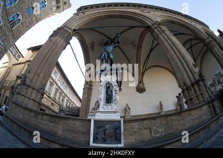 Florence, Italy. January 2022.  fisheye view of the statue of Perseus with the head of Medusa, sculpted by Benvenuto Cellini in the historic center of Stock Photo