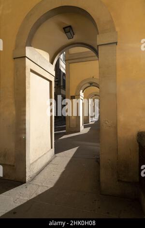 Florence, Italy. January 2022.  fisheye view of the arcades on the Lungarno riverside in the historic center of the city Stock Photo