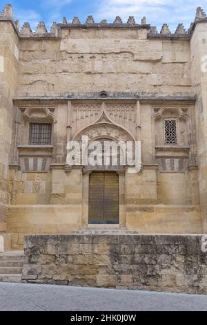 Cordoba Spain - 09 13 2021: Exterior detail facade view at Mosque-Cathedral of Córdoba, or Cathedral of Our Lady of the Assumption, Roman Catholic Dio Stock Photo