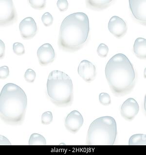 Lot of bright realistic transparent water drops, seamless pattern on white background Stock Vector