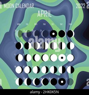 April 2022 Moon calendar. Astrological calendar design. planner. Place for stickers. Month cycle planner mockup. Isolated color liquid background Stock Vector