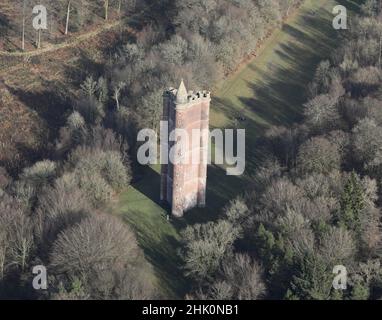 Aerial view of King Alfred's Tower in Somerset, UK