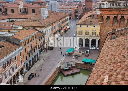 Panoramic view of the city of Ferrara (UNESCO heritage) seen from the top of the famous Este Castle Stock Photo