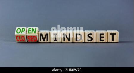 Open or closed mindset symbol. Turned wooden cubes and changed concept words closed mindset to open mindset. Beautiful grey background, copy space. Bu Stock Photo