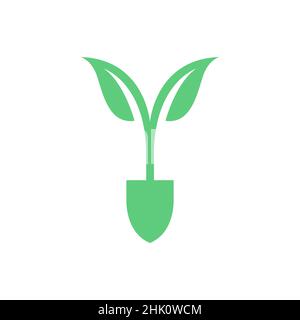 shovel with green leaf growth logo design, vector graphic symbol icon illustration creative idea Stock Vector