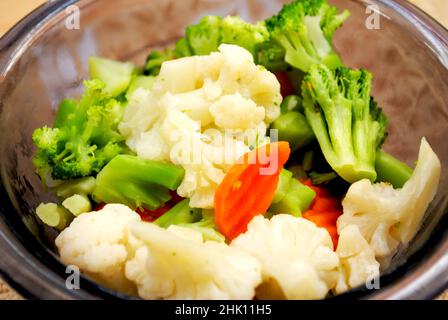 A Bowl of Broccoli, Cauliflower and Carrots Stock Photo