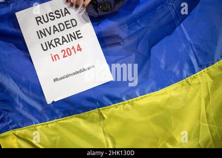 LONDON, JANUARY 31 2022, 'Russia Hands Off Ukraine Protest' outside of the RT news building a day before Prime Minister Boris Johnson flys to Kyiv to hold talks with President Volodymyr Zelenskiy as tensions between Russia and Ukraine builds Stock Photo