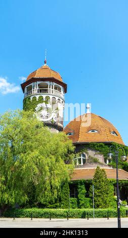 The Water Tower is the focal point of Svetlogorsk, Kaliningrad Oblast, Russia. The Water tower and the adjoining rotundal building of the water-and-mu Stock Photo