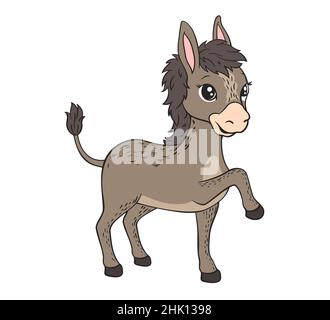 Little gray donkey with big ears and tail.Vector illustration in cartoon style black and white line art Stock Vector