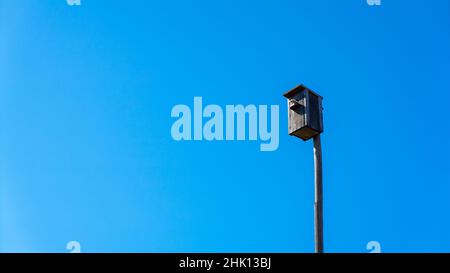 Wooden handmade birdhouse on a pole or stick with a sparrow perched against a blue cloudless sky background. Place for nest, springtime decoration Stock Photo