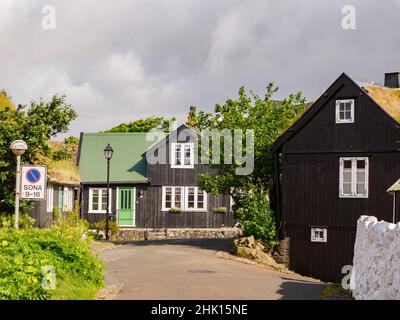 Thorshavn, Faroe Islands - July 2021: Typical turf house in Torshavn on Streymoy Island. Old Town of Torshavn, Faroe Islands, Denmark, Northern Europe Stock Photo