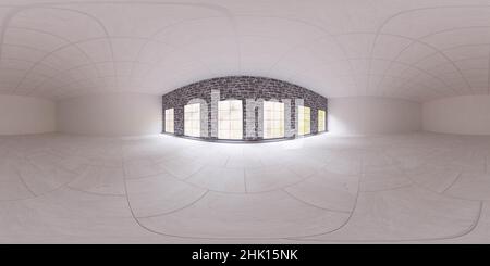 360 degree full panorama environment map of empty office loft interior with white tiled floor and bright day lighting 3d render illustration hdri hdr Stock Photo