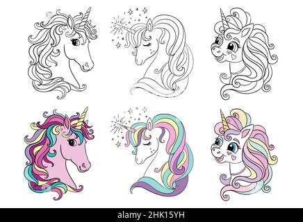 Set of three cartoon unicorns heads. Monochrome with colorful template. Vector illustration. For coloring, postcard, posters, design, cards, stickers, Stock Vector