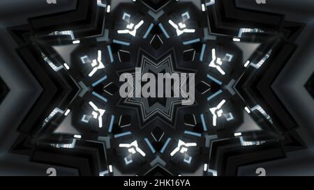 Technological kaleidoscopic background with glowing white lamps on black background, seamless loop. Abstract corridor inside the spaceship. Stock Photo