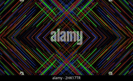 Triangular pattern of lines with interference. Animation. Hypnotic mirror pattern of intersecting color lines with interference on black background. Stock Photo