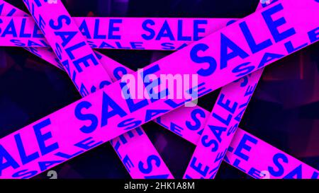 Abstract many words sale written on moving lines on dark background, seamless loop. Animation. Concept of online shopping, many crossing tapes with sa Stock Photo