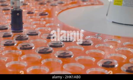 Test Tube Closing Production Machine. HDR. Testing of robotic machine for analysis with laboratory test tubes. Robotic machine transfers traffic jams Stock Photo